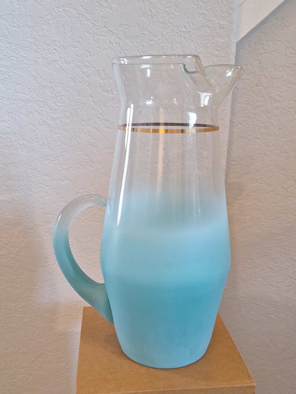 Vintage Blendo Turquoise Blue Frosted Glass Pitcher 11.5" Tall